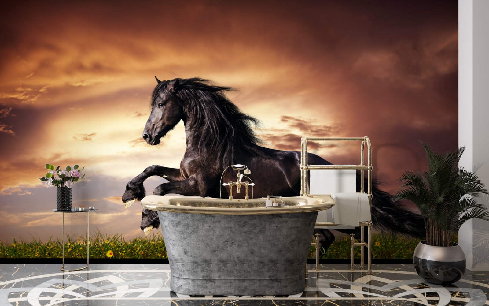 Фотошпалери сильний кінь стрибає по зеленій траві