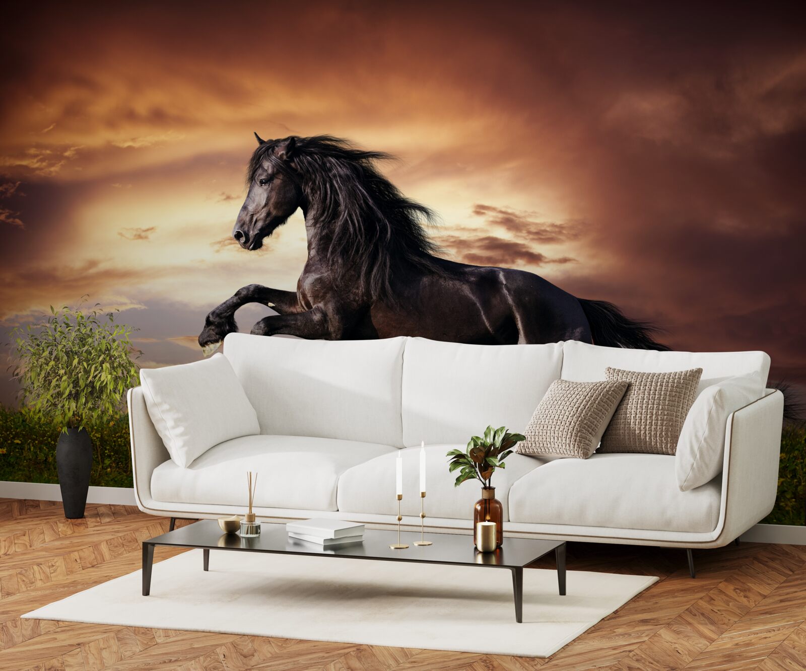 Фотошпалери сильний кінь стрибає по зеленій траві