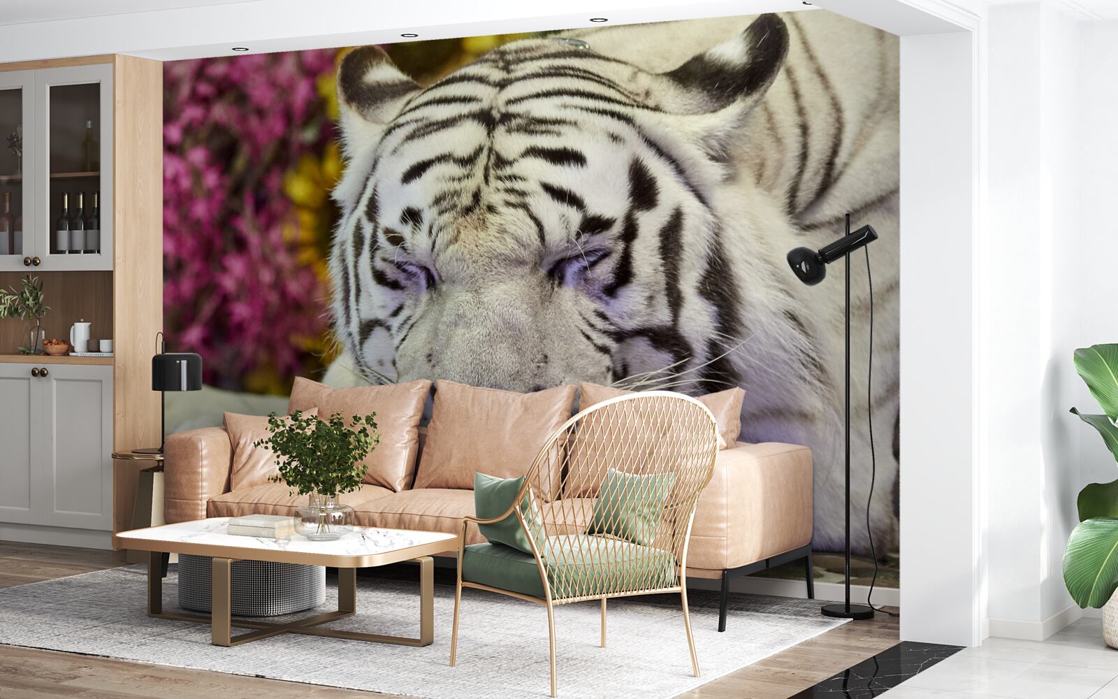 Фотошпалери білий тигр відпочиває серед квітів