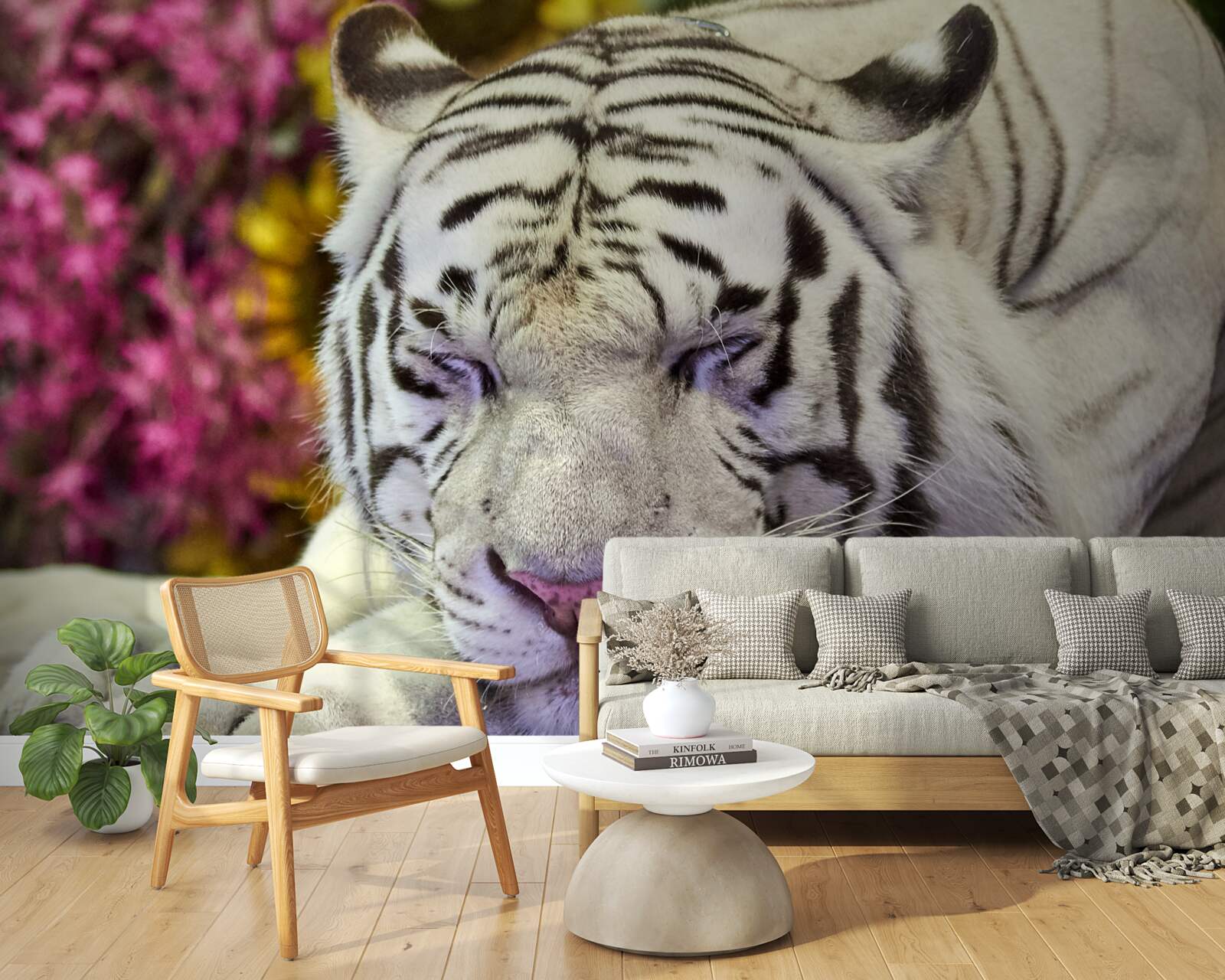 Фотошпалери білий тигр відпочиває серед квітів