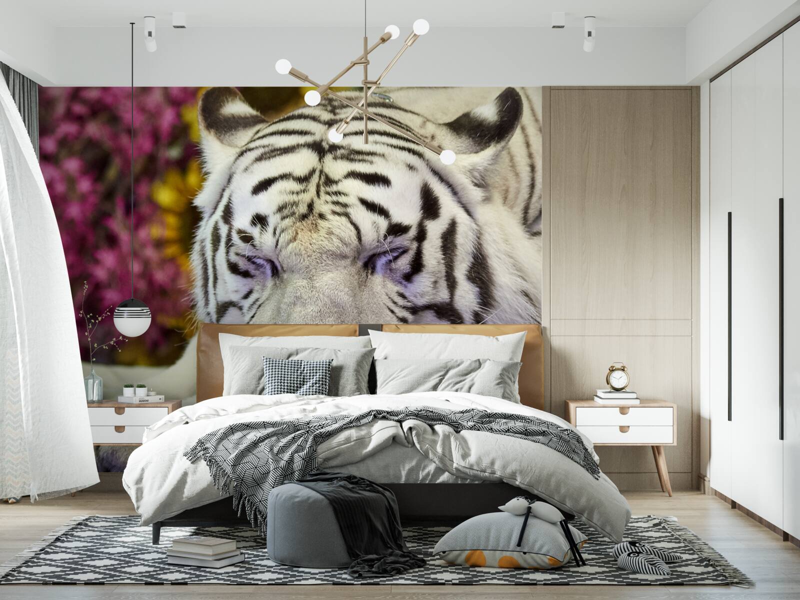 Фотошпалери білий тигр відпочиває серед квітів