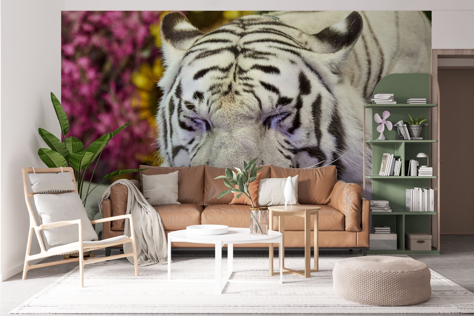 Фотошпалери білий тигр відпочиває серед квітів