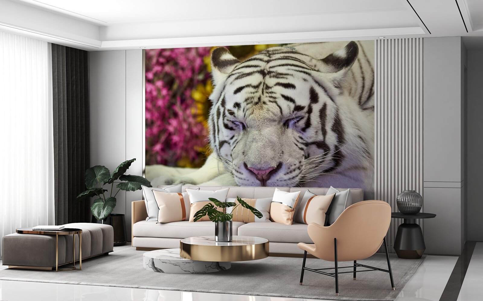 Фотошпалери білий тигр відпочиває серед квітів