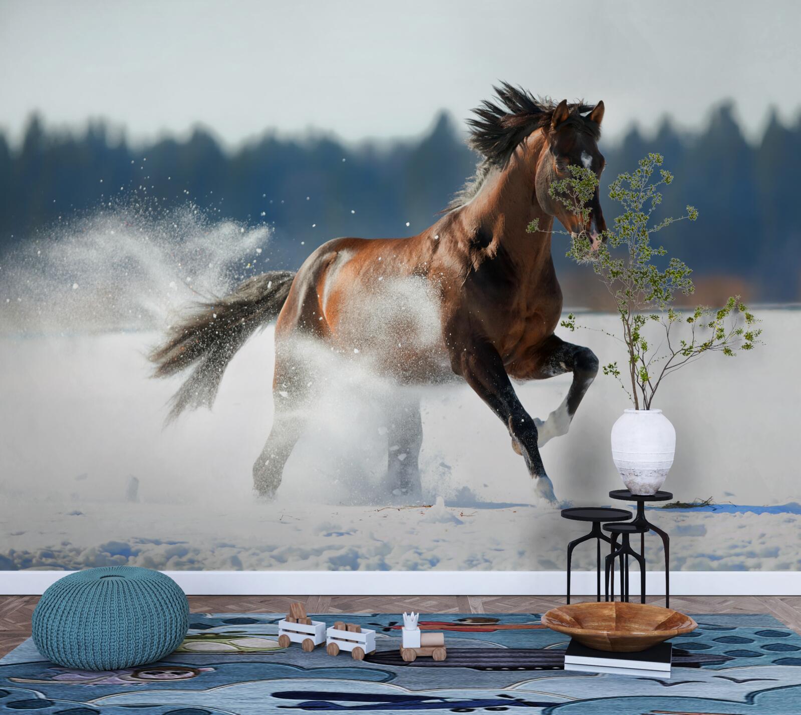 Фотошпалери кінь скаче по снігу