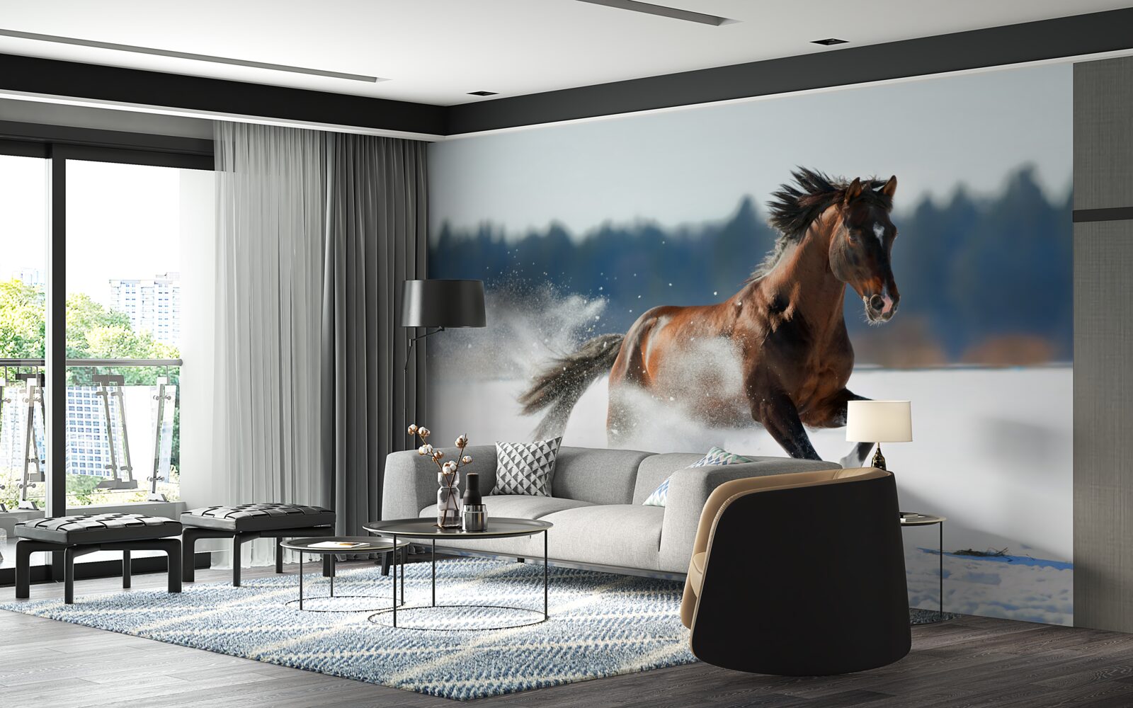 Фотошпалери кінь скаче по снігу