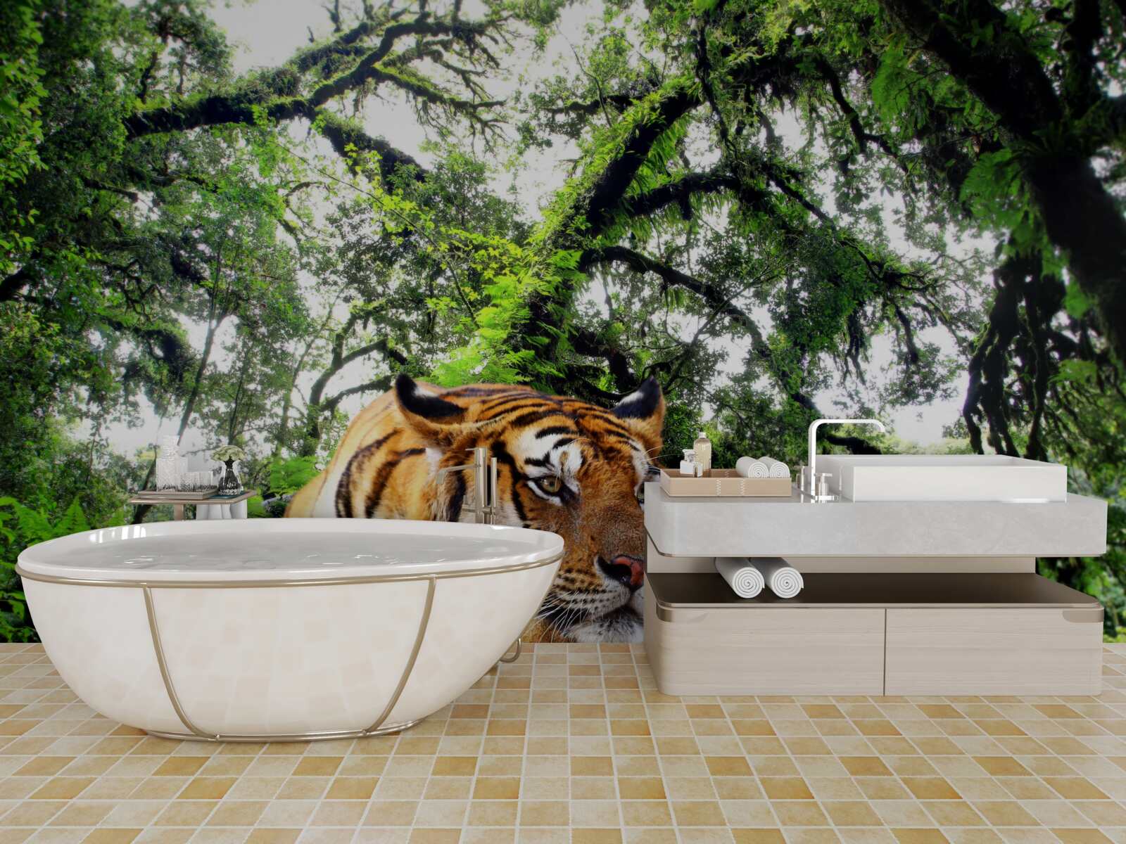 Фотошпалери тигр відпочиває в диких тропічних джунглях