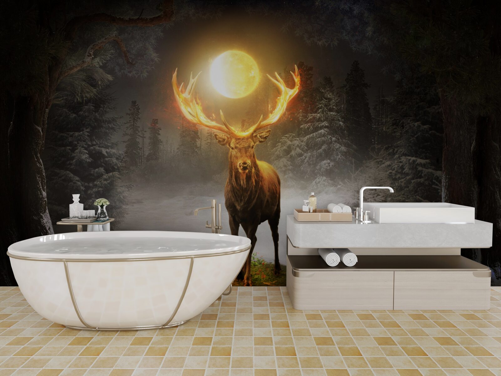 Фотошпалери енергійний олень і золотий лісовий супутник