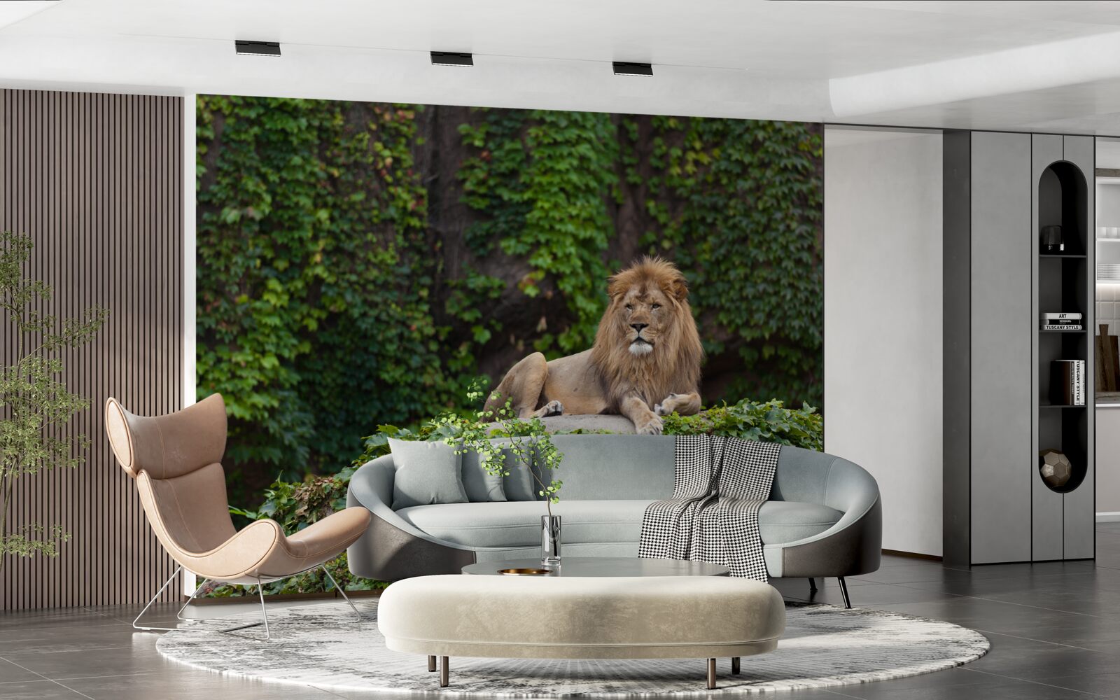 Фотошпалери величний лев спочиває на вкритому мохом камені