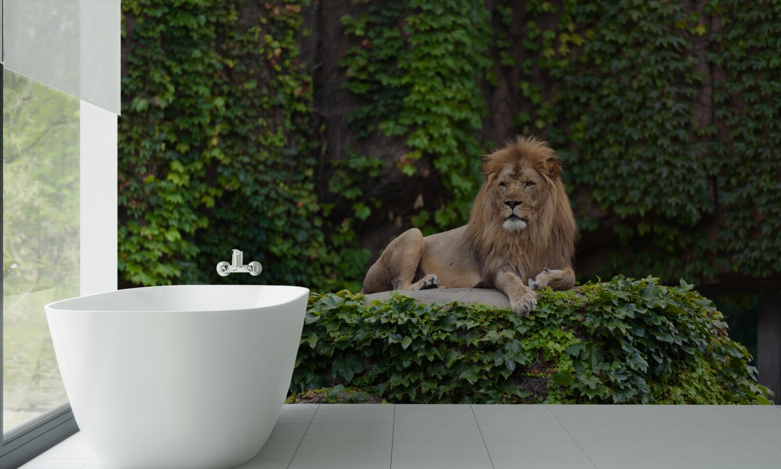 Фотошпалери величний лев спочиває на вкритому мохом камені