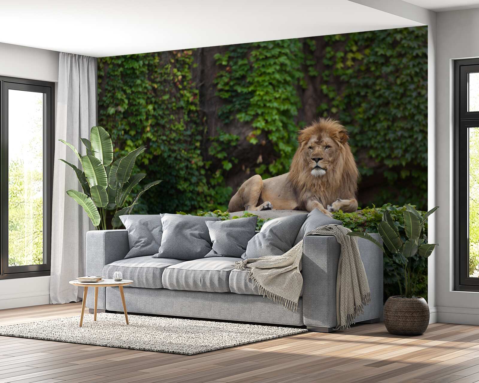 Фотошпалери величний лев спочиває на вкритому мохом камені