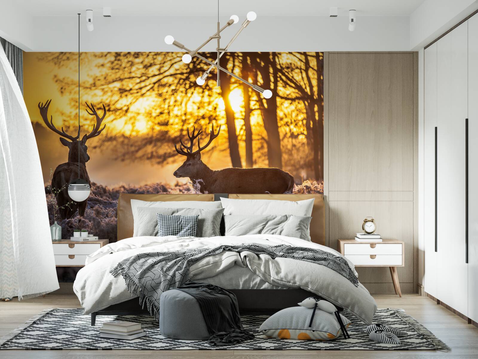 Фотошпалери захід сонця супроводжують дорослі олені