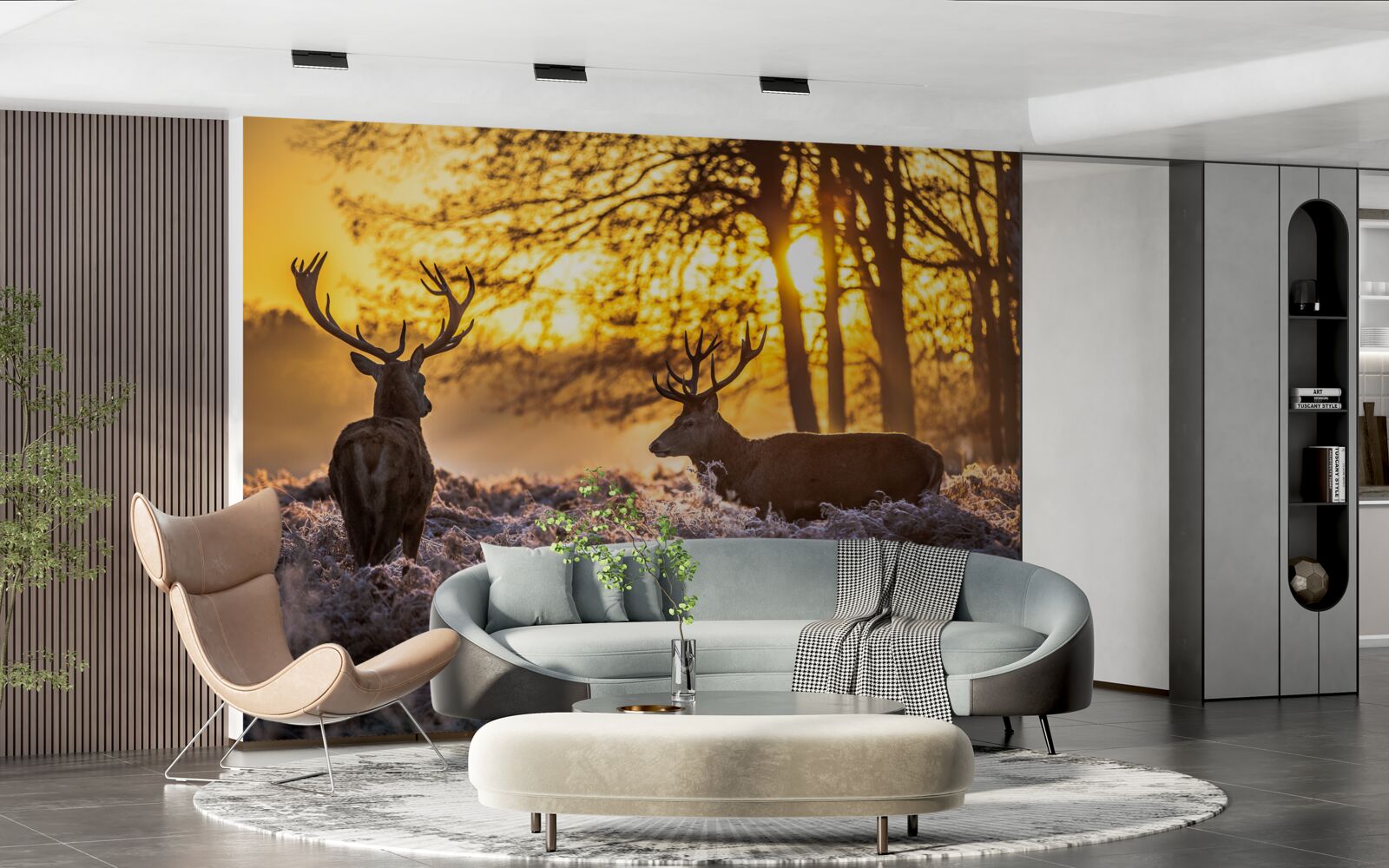 Фотошпалери захід сонця супроводжують дорослі олені