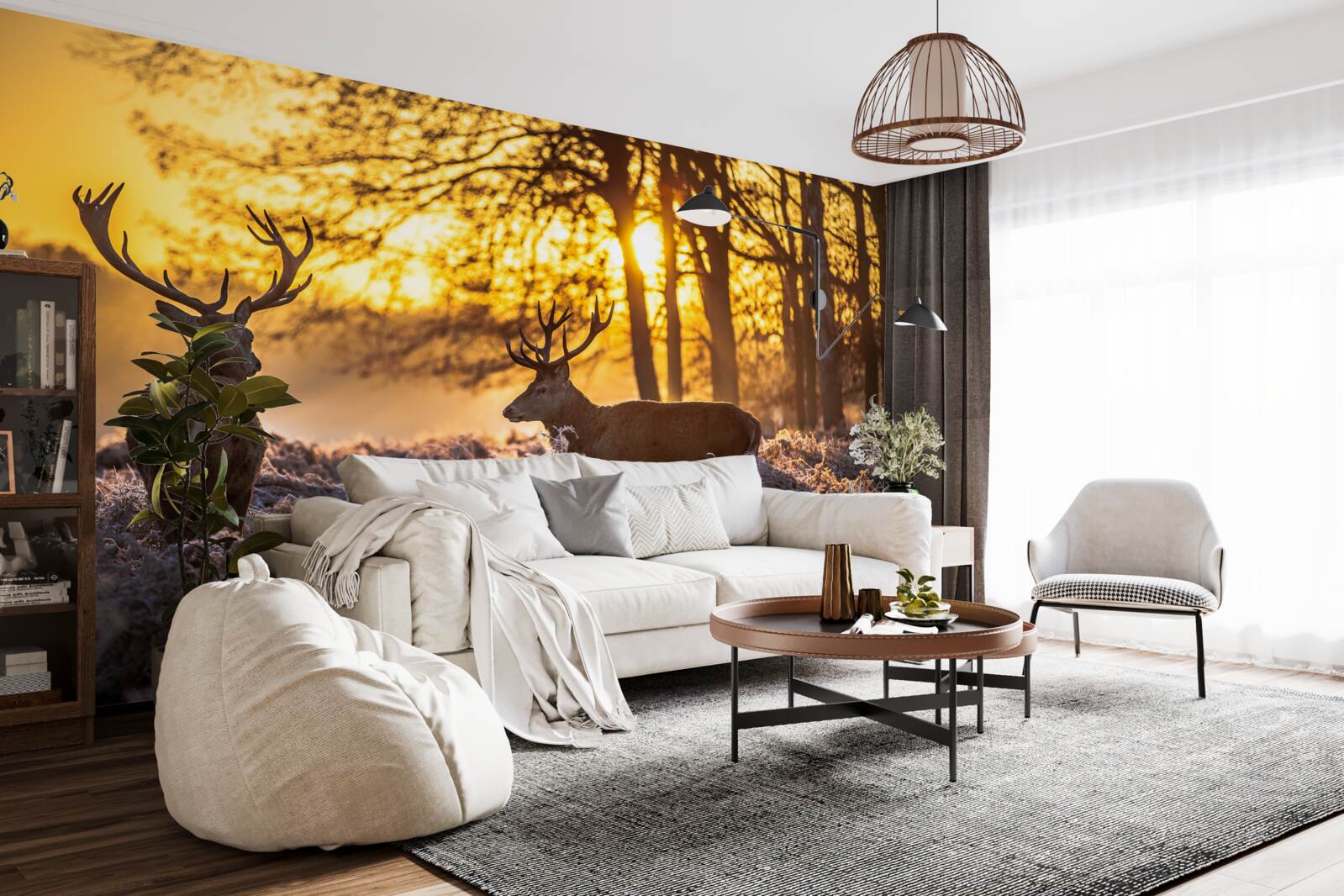 Фотошпалери захід сонця супроводжують дорослі олені