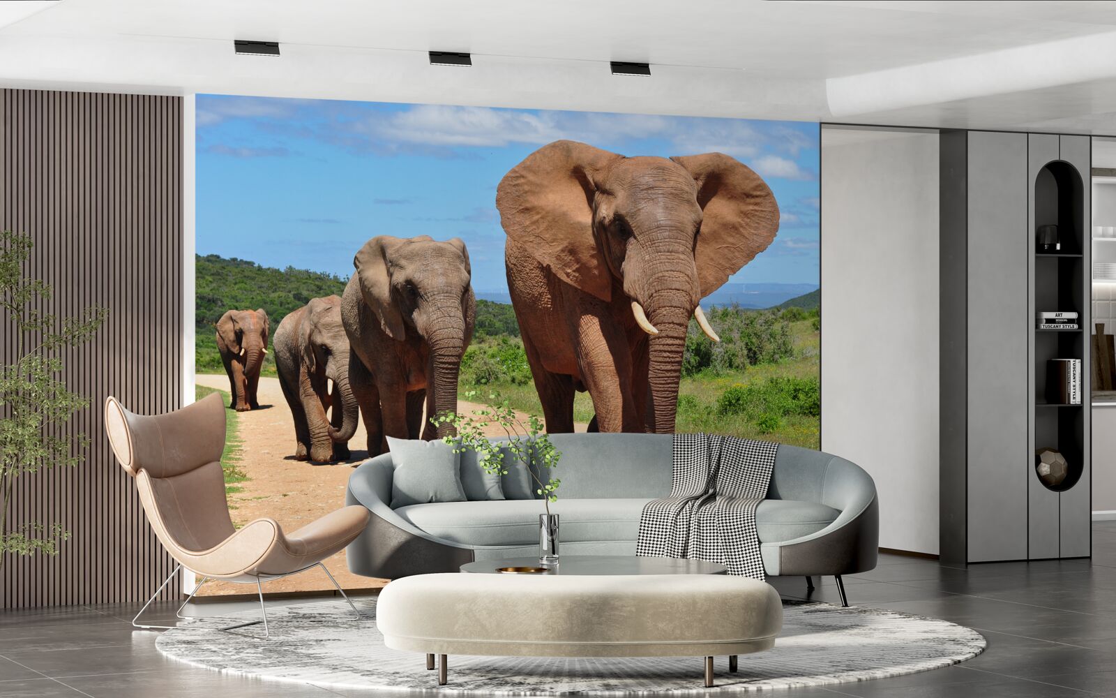 Фотошпалери Група слонів повертається додому піщаною місцевістю