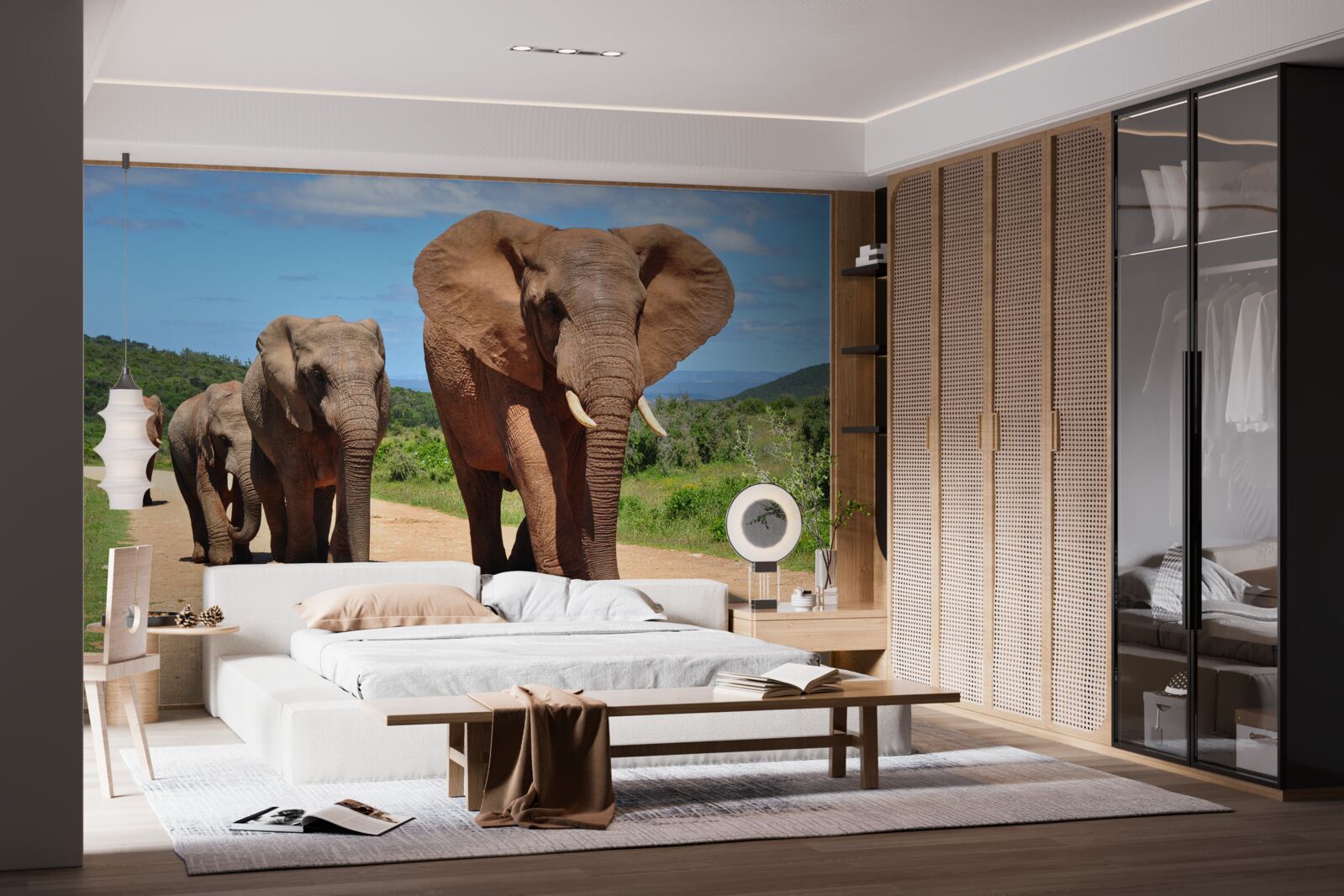 Фотошпалери Група слонів повертається додому піщаною місцевістю