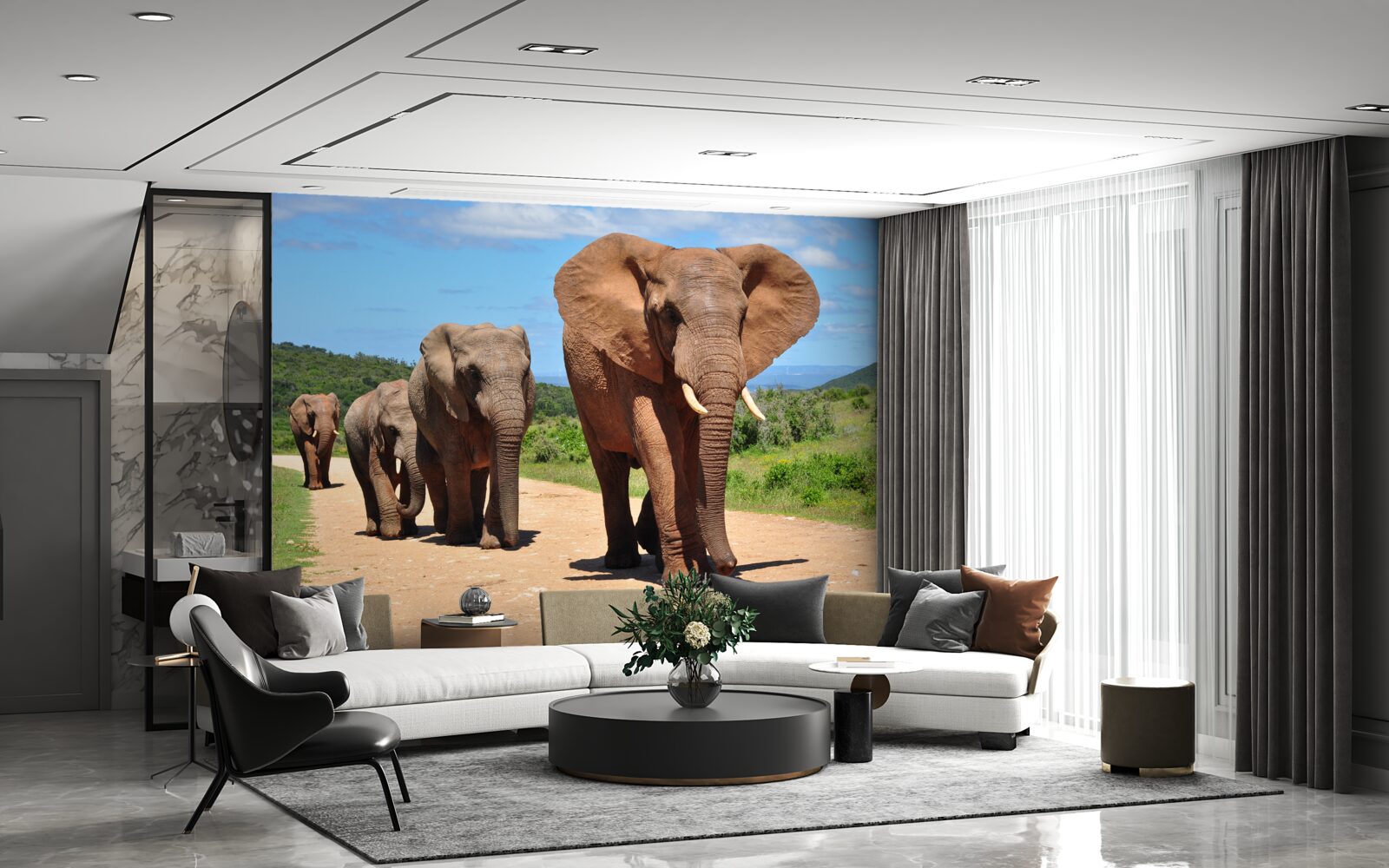 Фотошпалери Група слонів повертається додому піщаною місцевістю