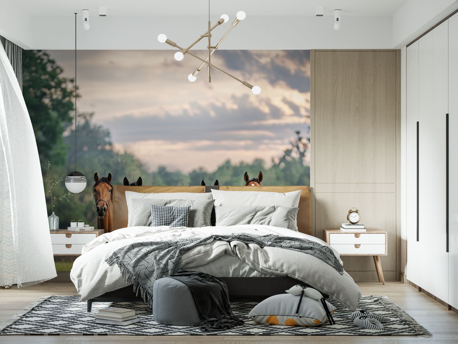 Фотошпалери четверо коней відпочивають табуном на лузі