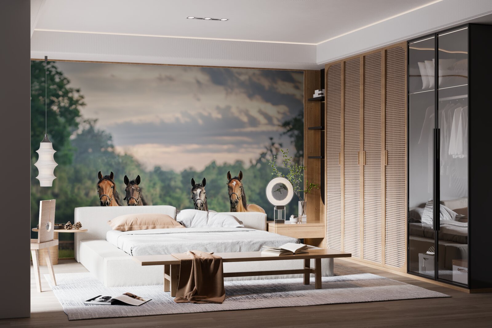 Фотошпалери четверо коней відпочивають табуном на лузі