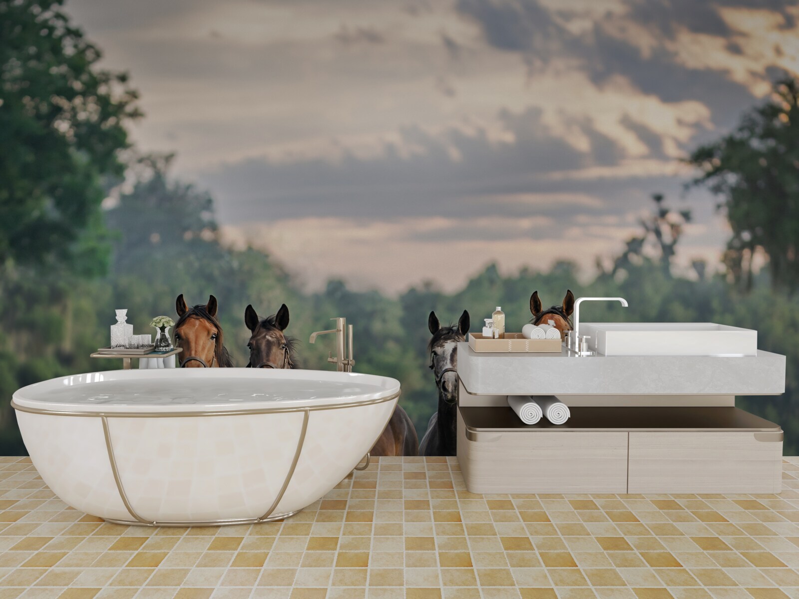 Фотошпалери четверо коней відпочивають табуном на лузі