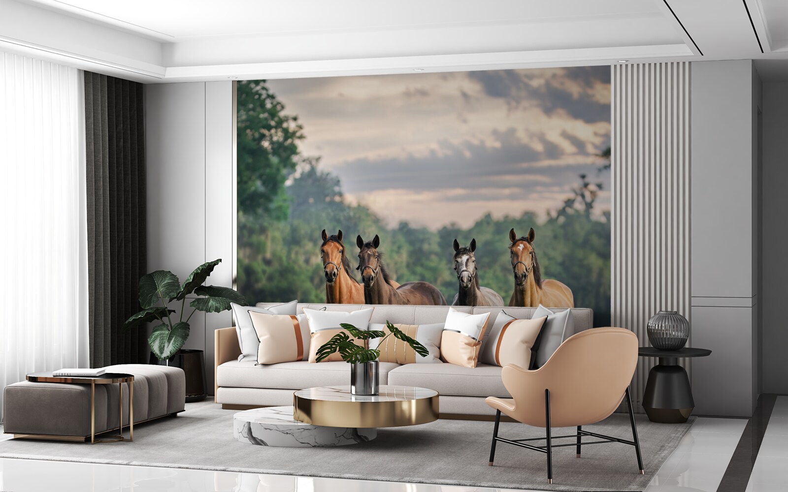 Фотошпалери четверо коней відпочивають табуном на лузі