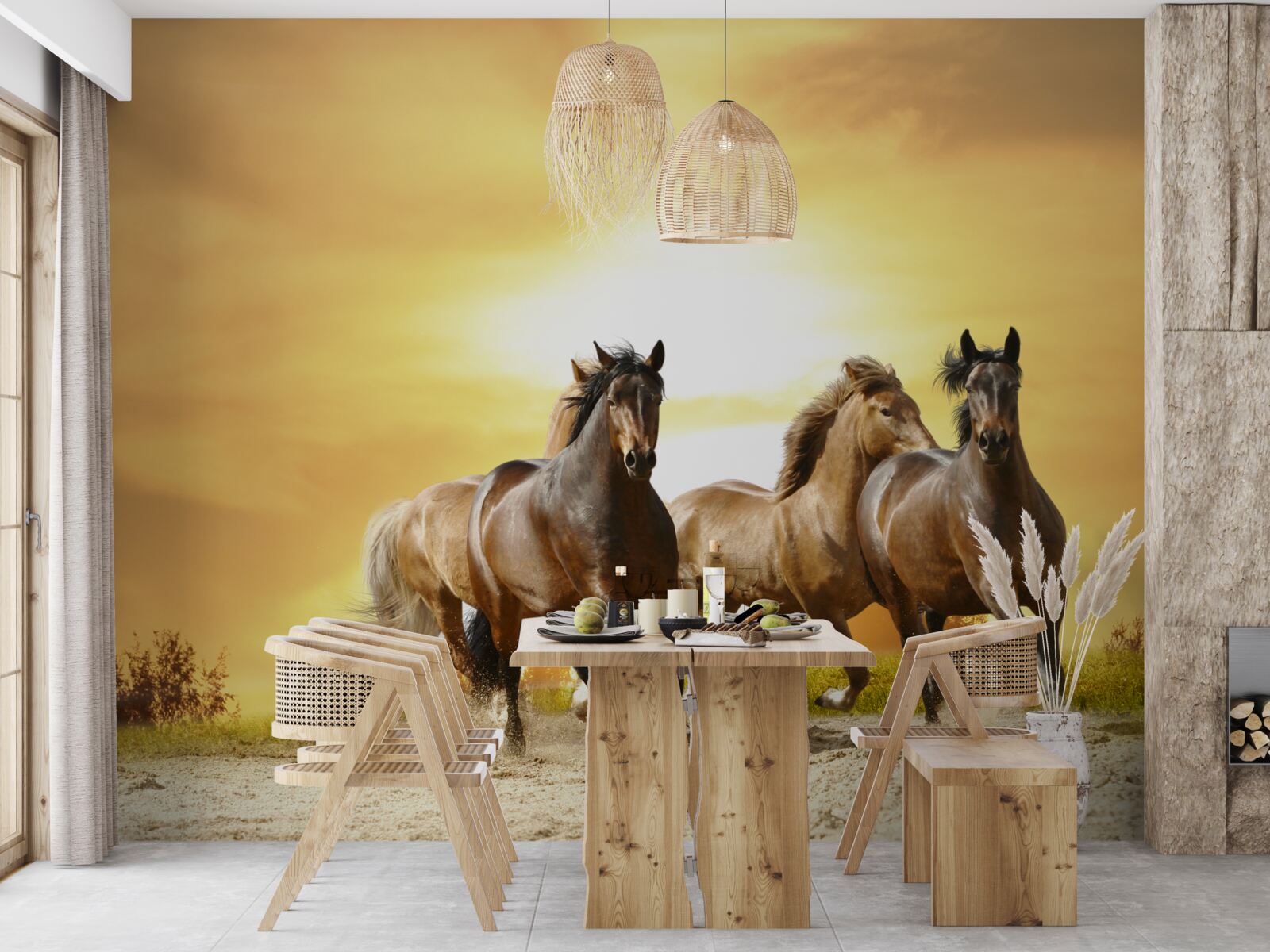 Фотошпалери коні мчать назустріч призахідному сонцю