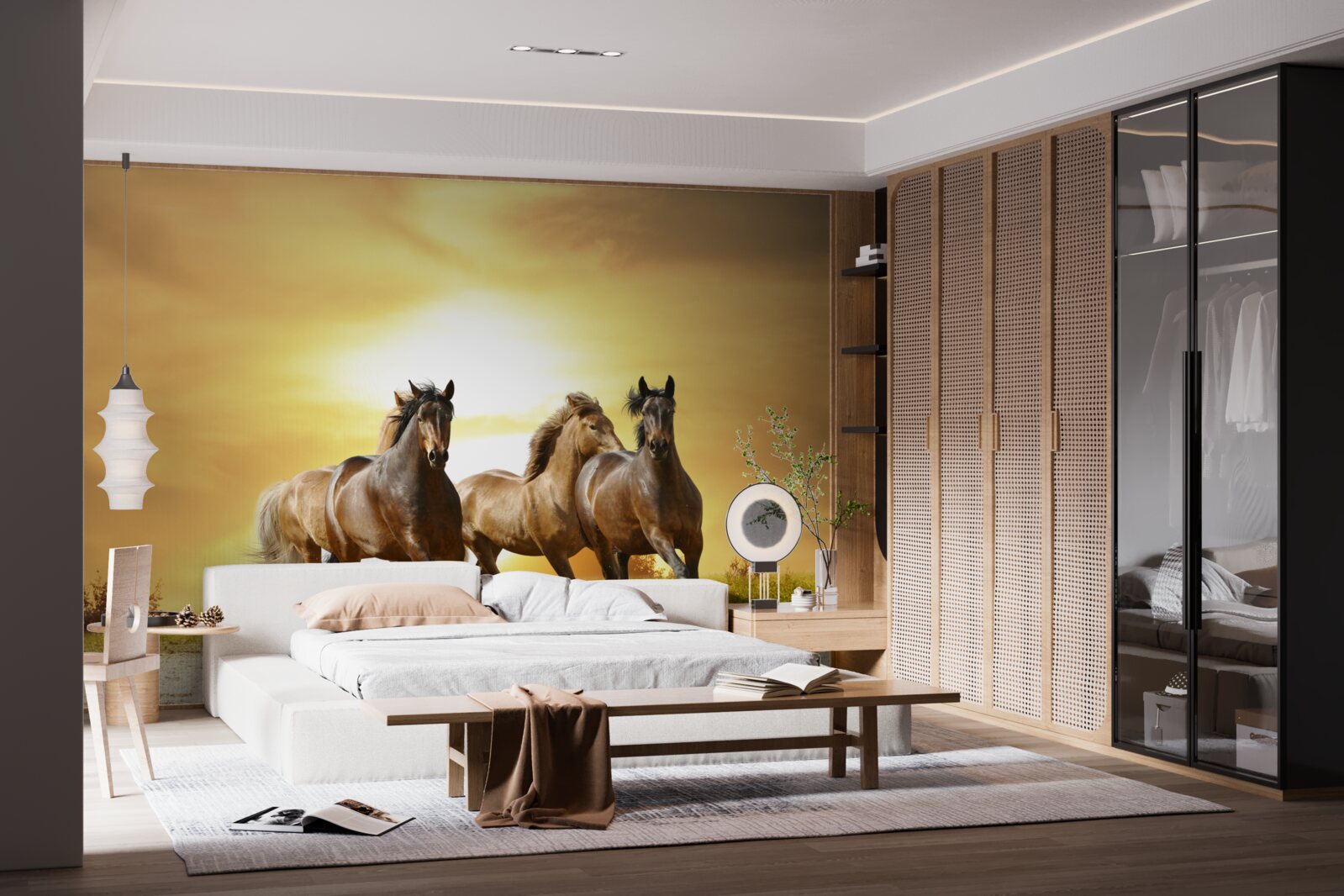 Фотошпалери коні мчать назустріч призахідному сонцю