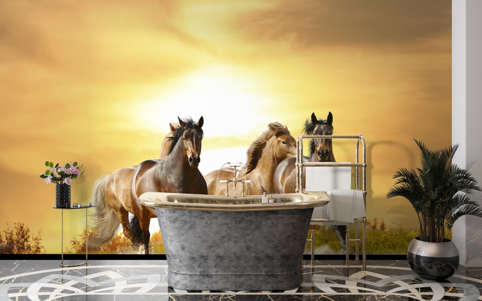 Фотошпалери коні мчать назустріч призахідному сонцю