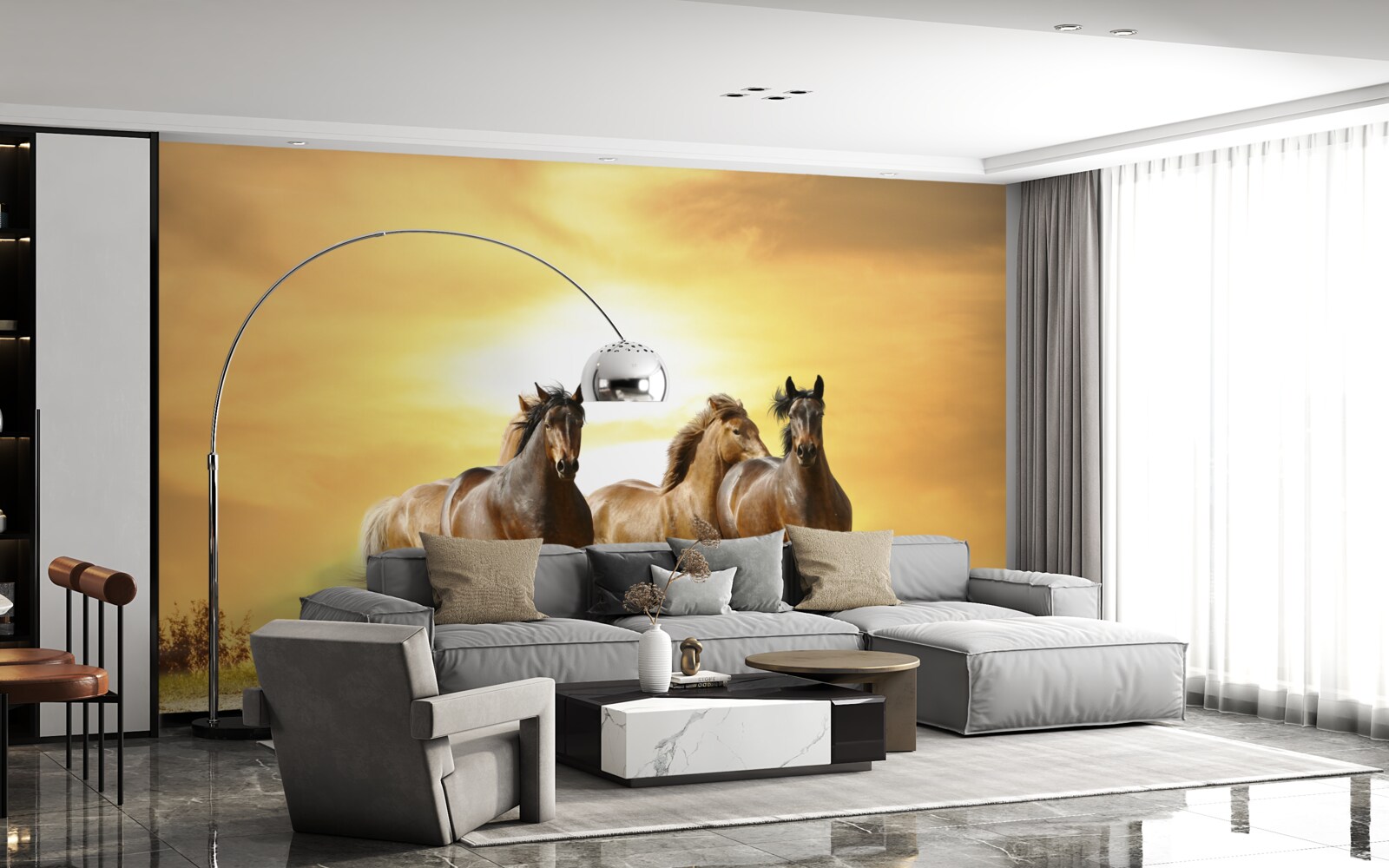 Фотошпалери коні мчать назустріч призахідному сонцю