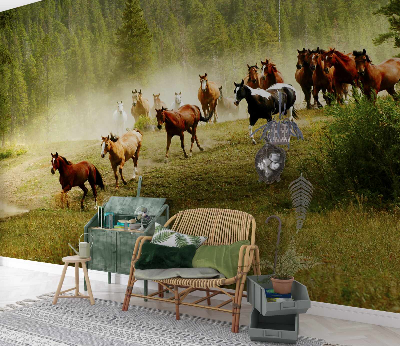 Фотошпалери коні, що мчать лісом