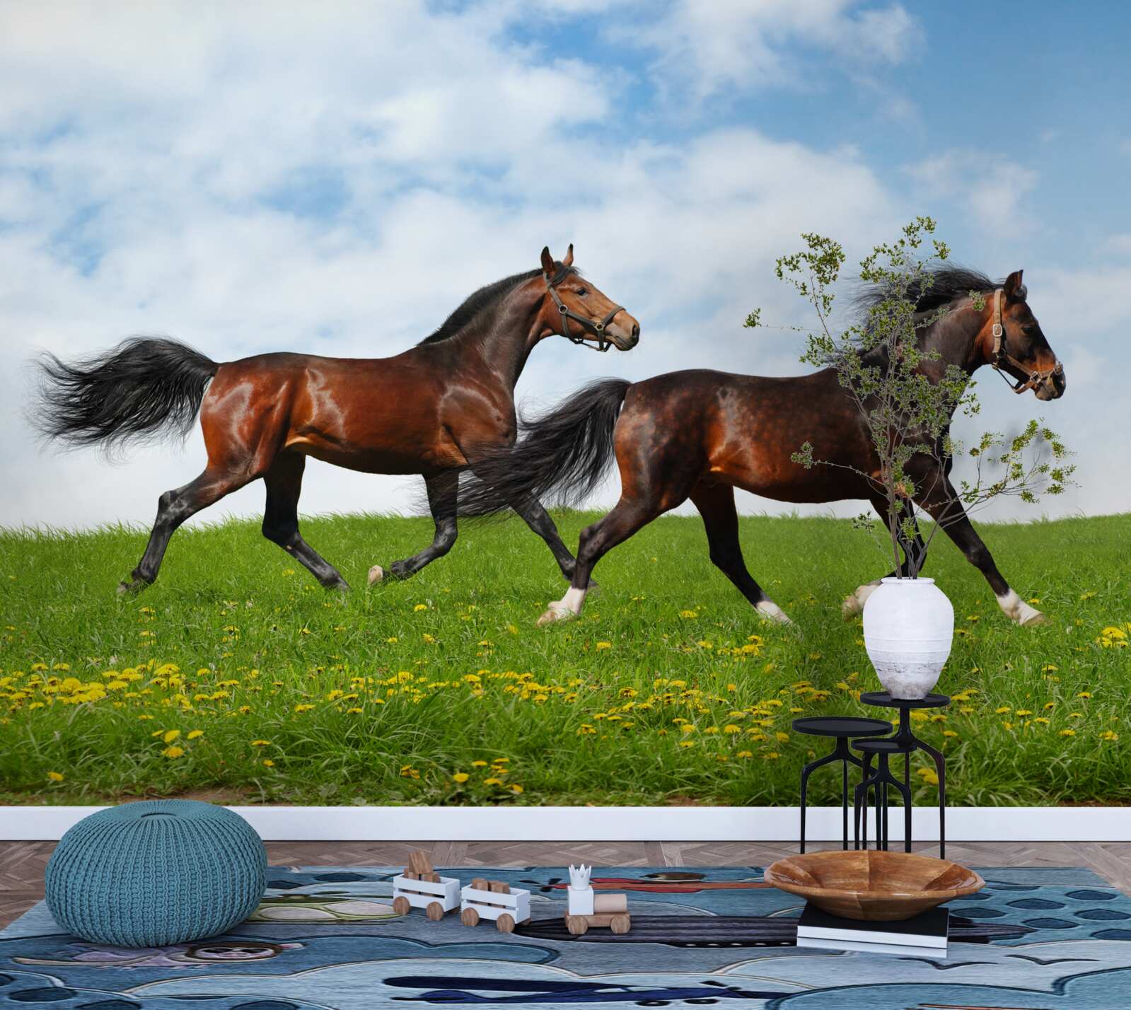 Фотошпалери ранні коні біжать через галявину