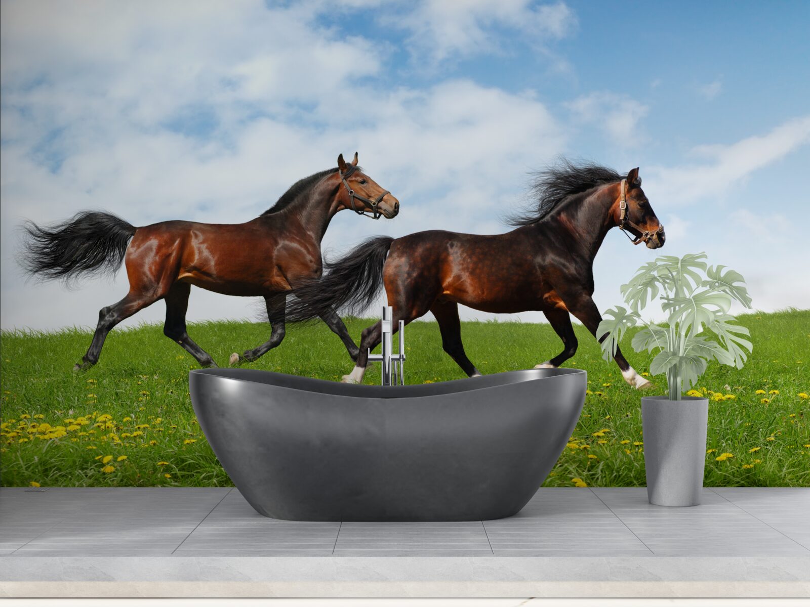 Фотошпалери ранні коні біжать через галявину