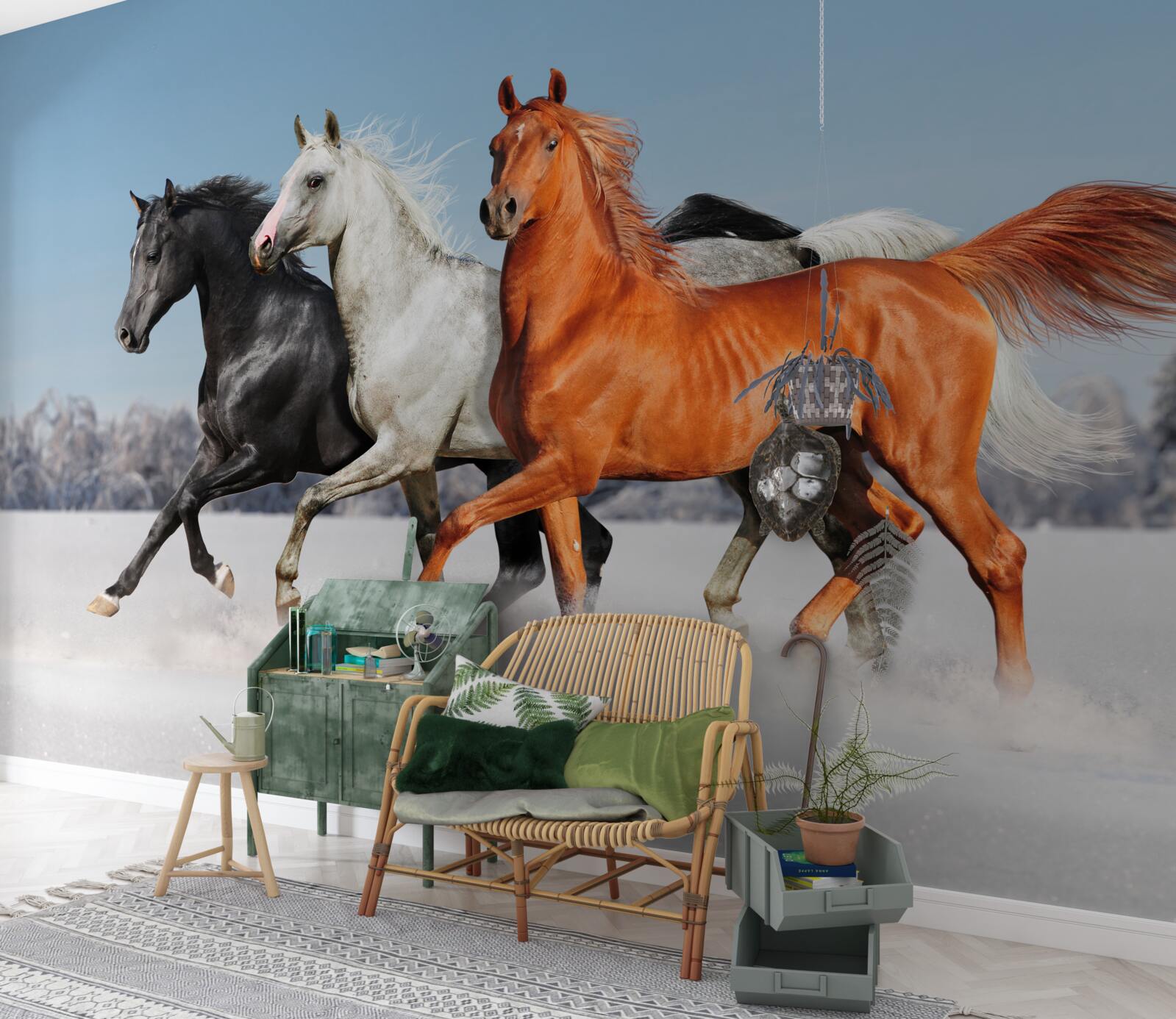 Фотошпалери троє коней скачуть по засніженій землі