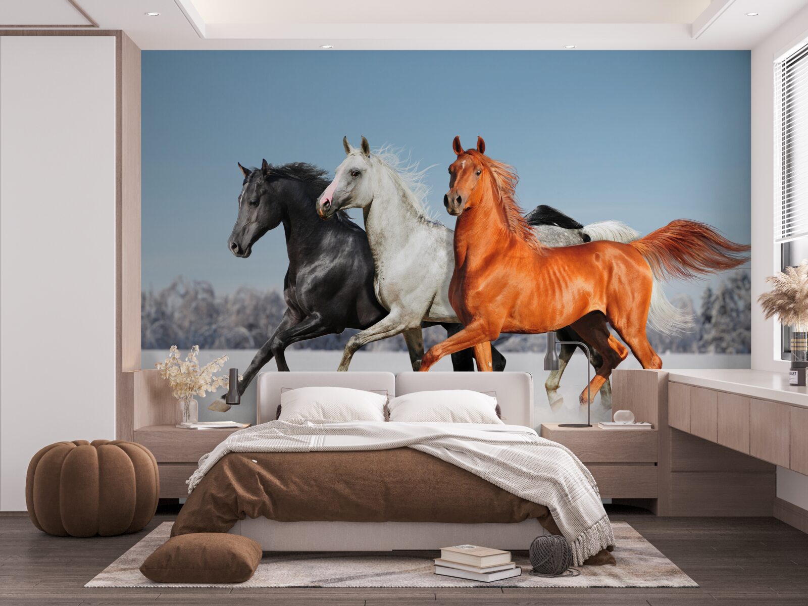 Фотошпалери троє коней скачуть по засніженій землі