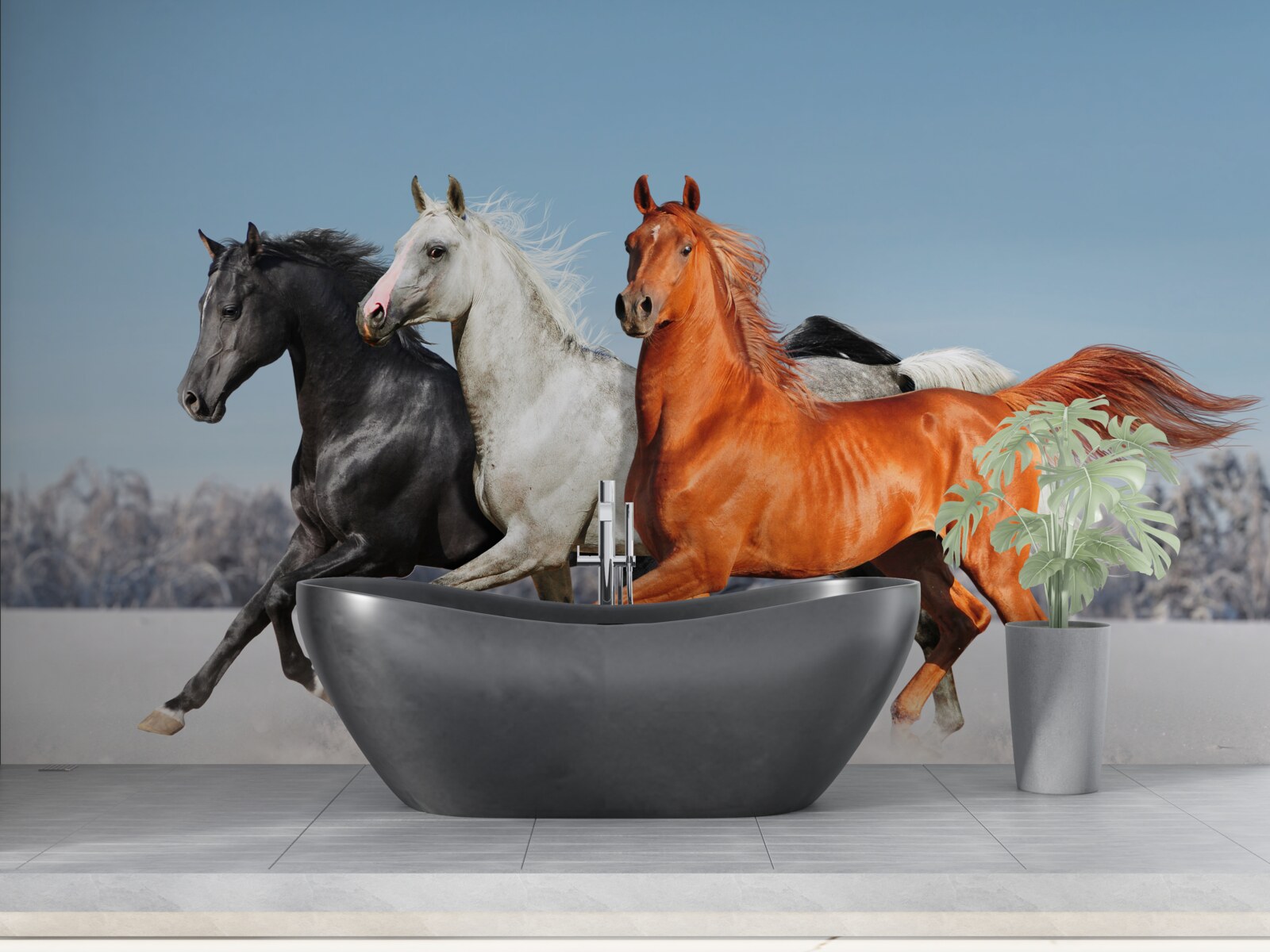 Фотошпалери троє коней скачуть по засніженій землі