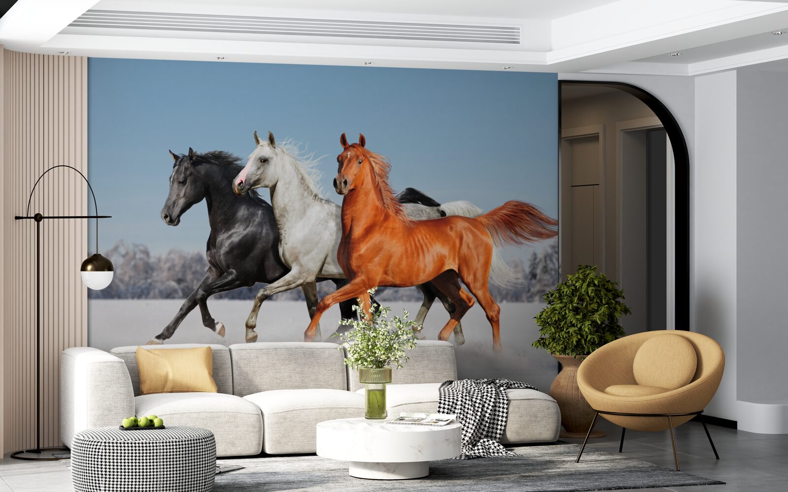 Фотошпалери троє коней скачуть по засніженій землі