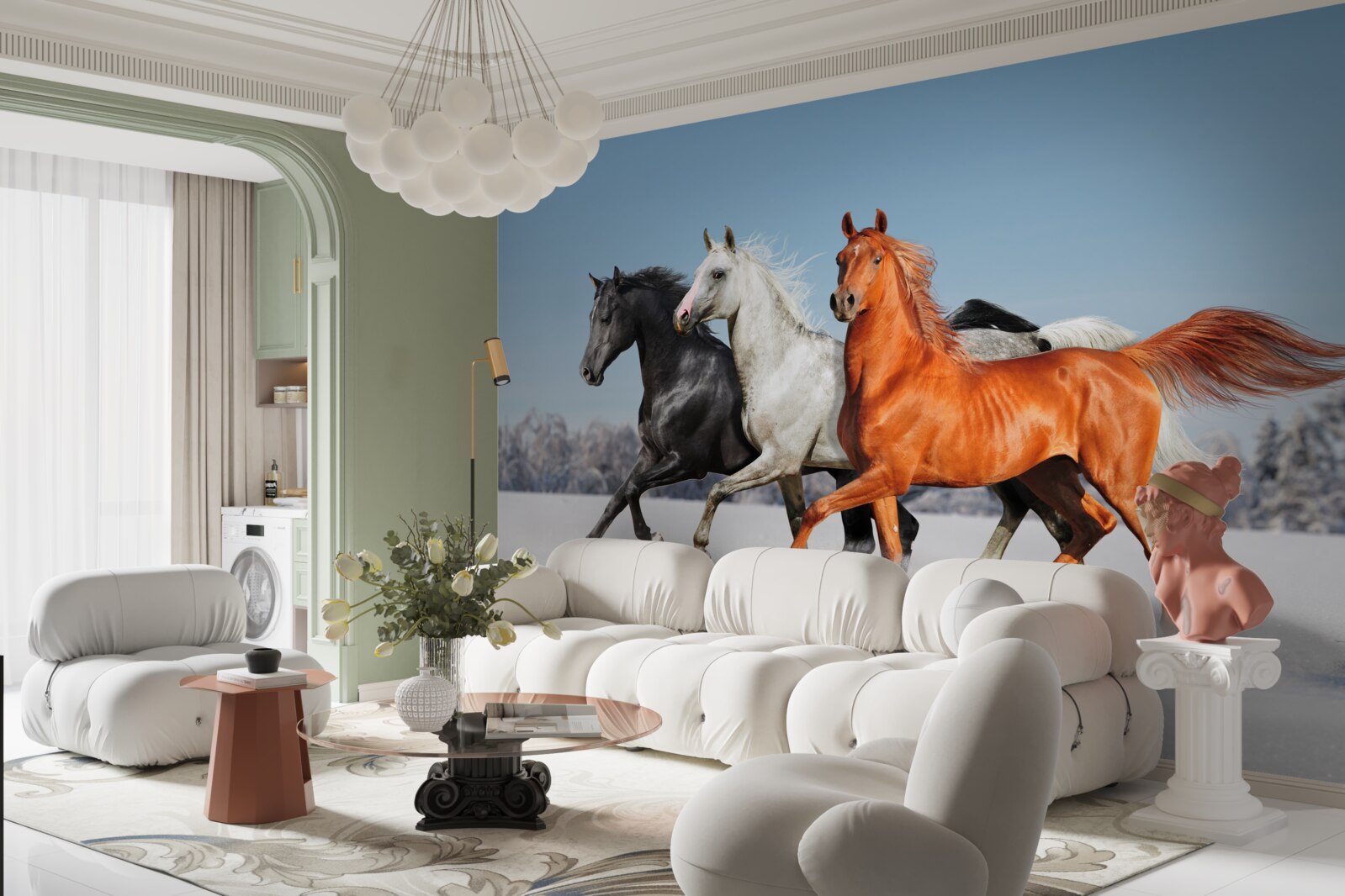 Фотошпалери троє коней скачуть по засніженій землі