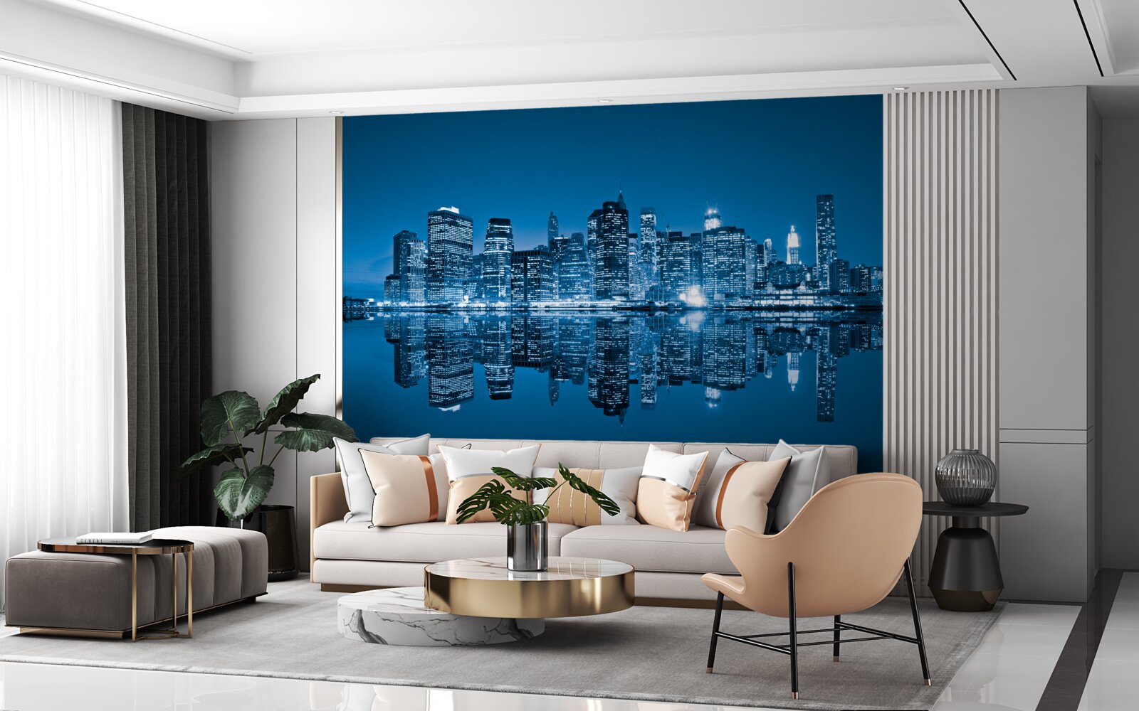 Фотошпалери відображення темно-синіх будівель у воді