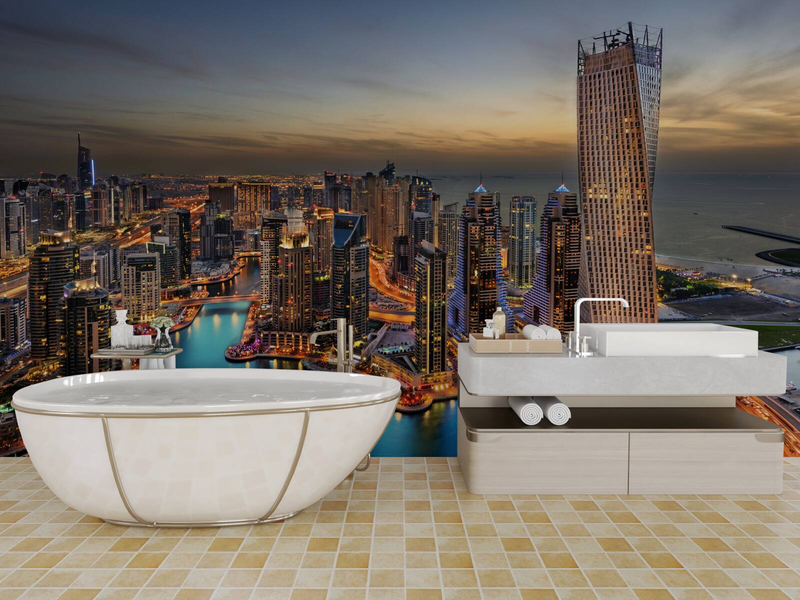 Фотошпалери горизонт вечірніх будівель у дубаї