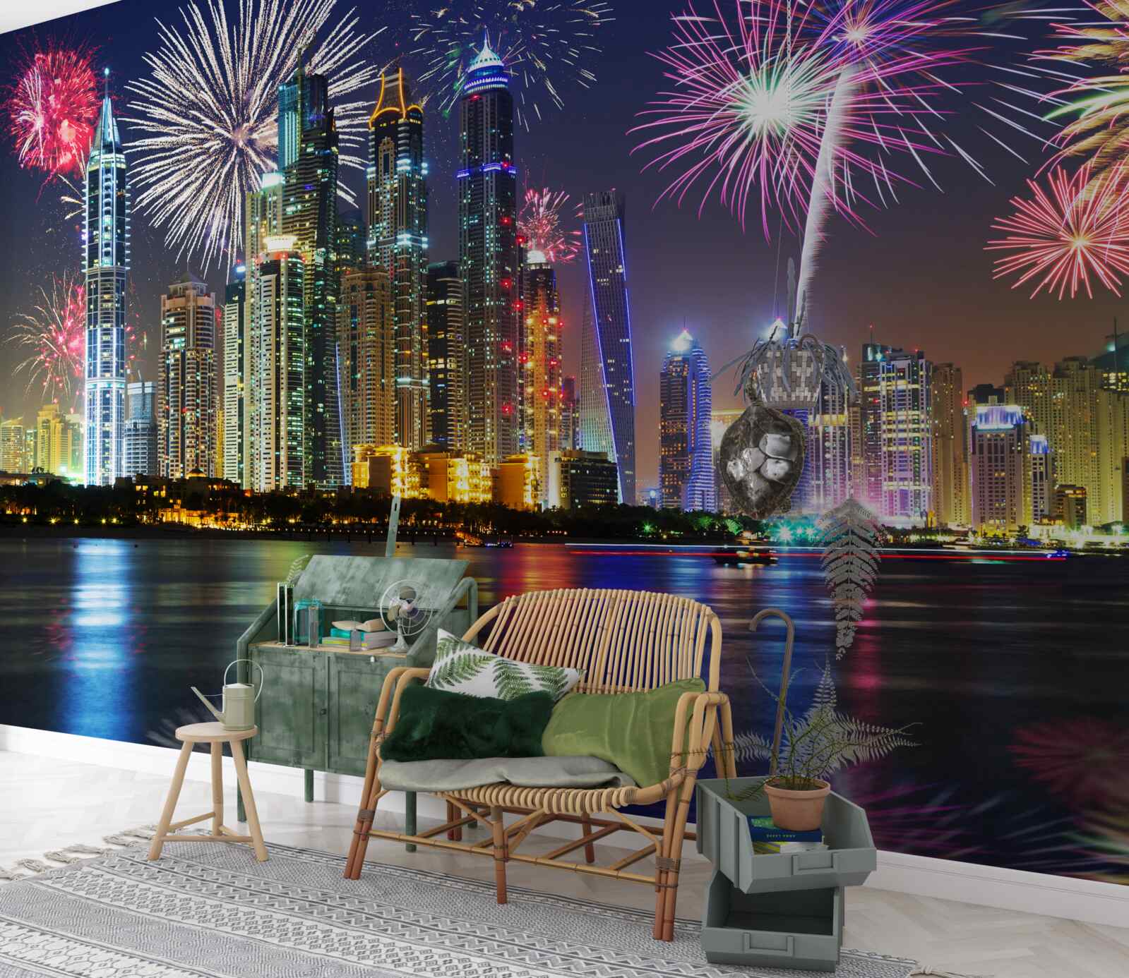 Фотошпалери яскравий феєрверк у небі над містом