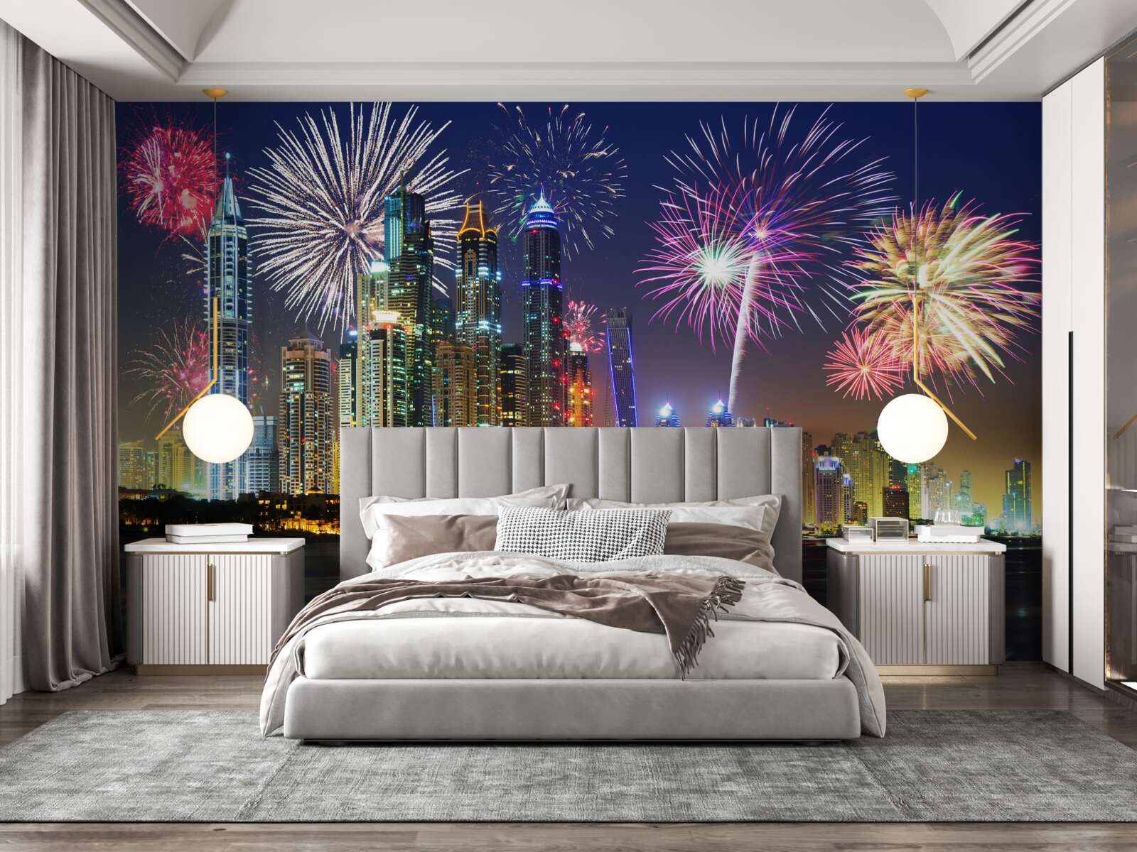 Фотошпалери яскравий феєрверк у небі над містом