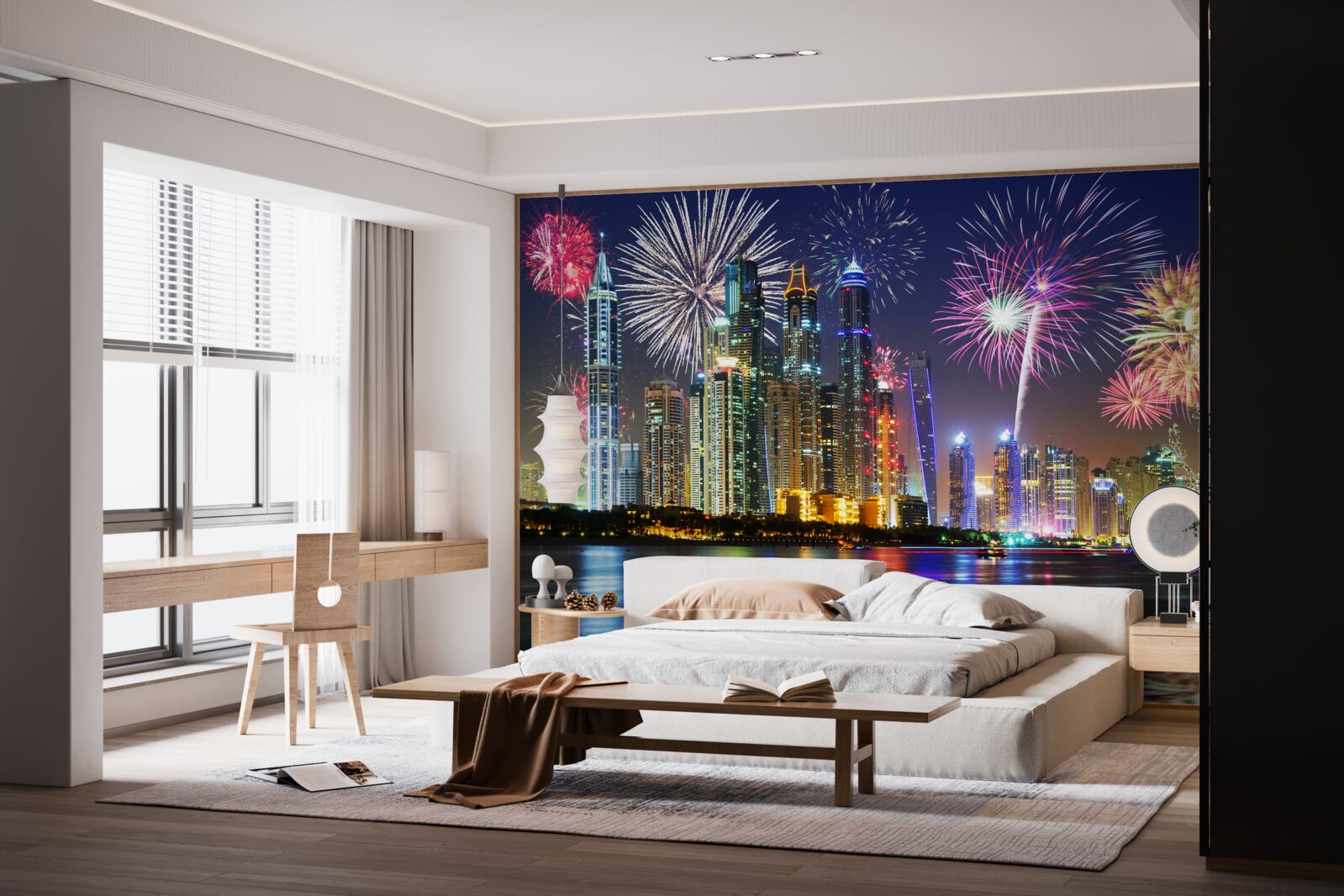 Фотошпалери яскравий феєрверк у небі над містом