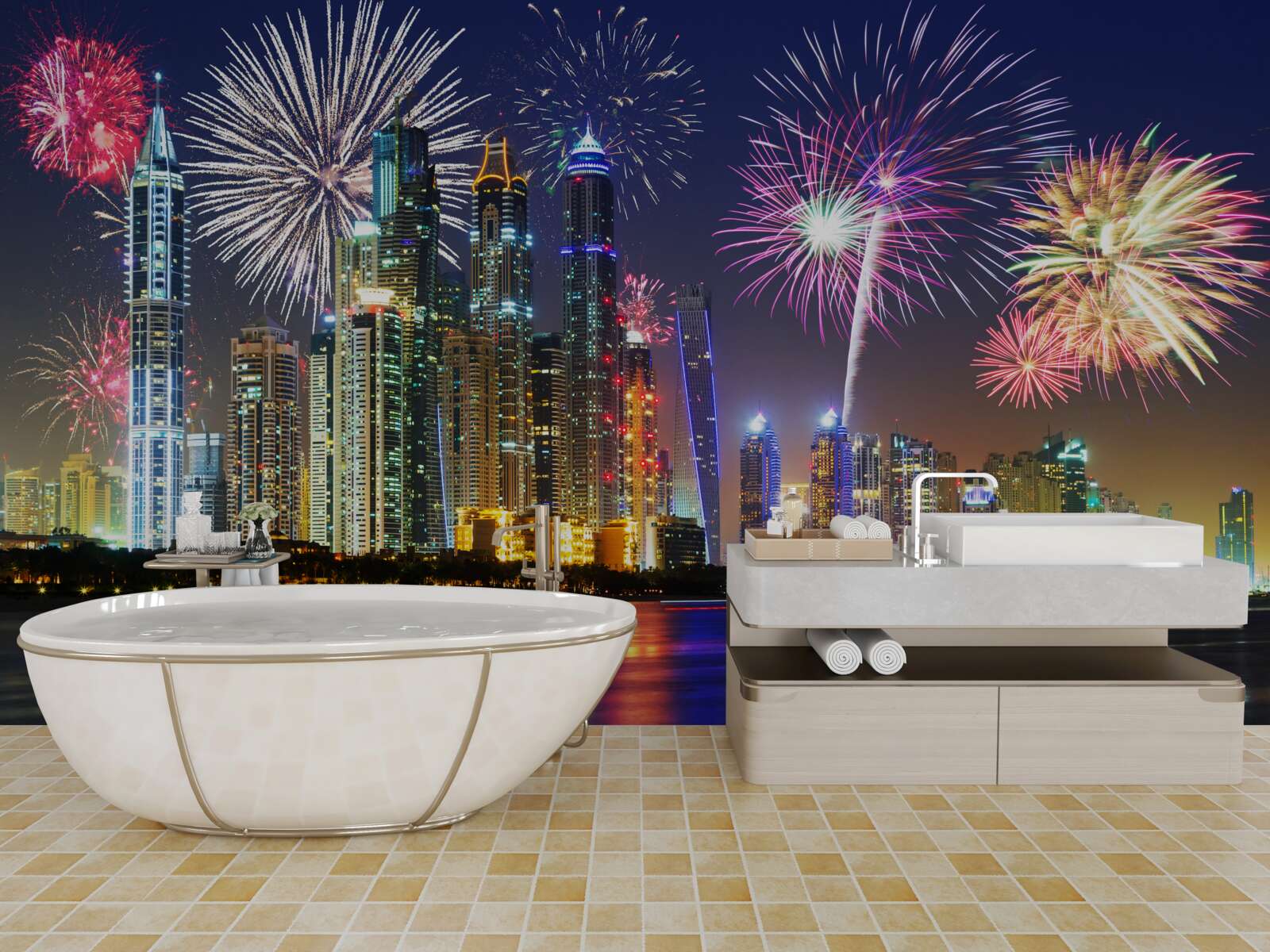 Фотошпалери яскравий феєрверк у небі над містом