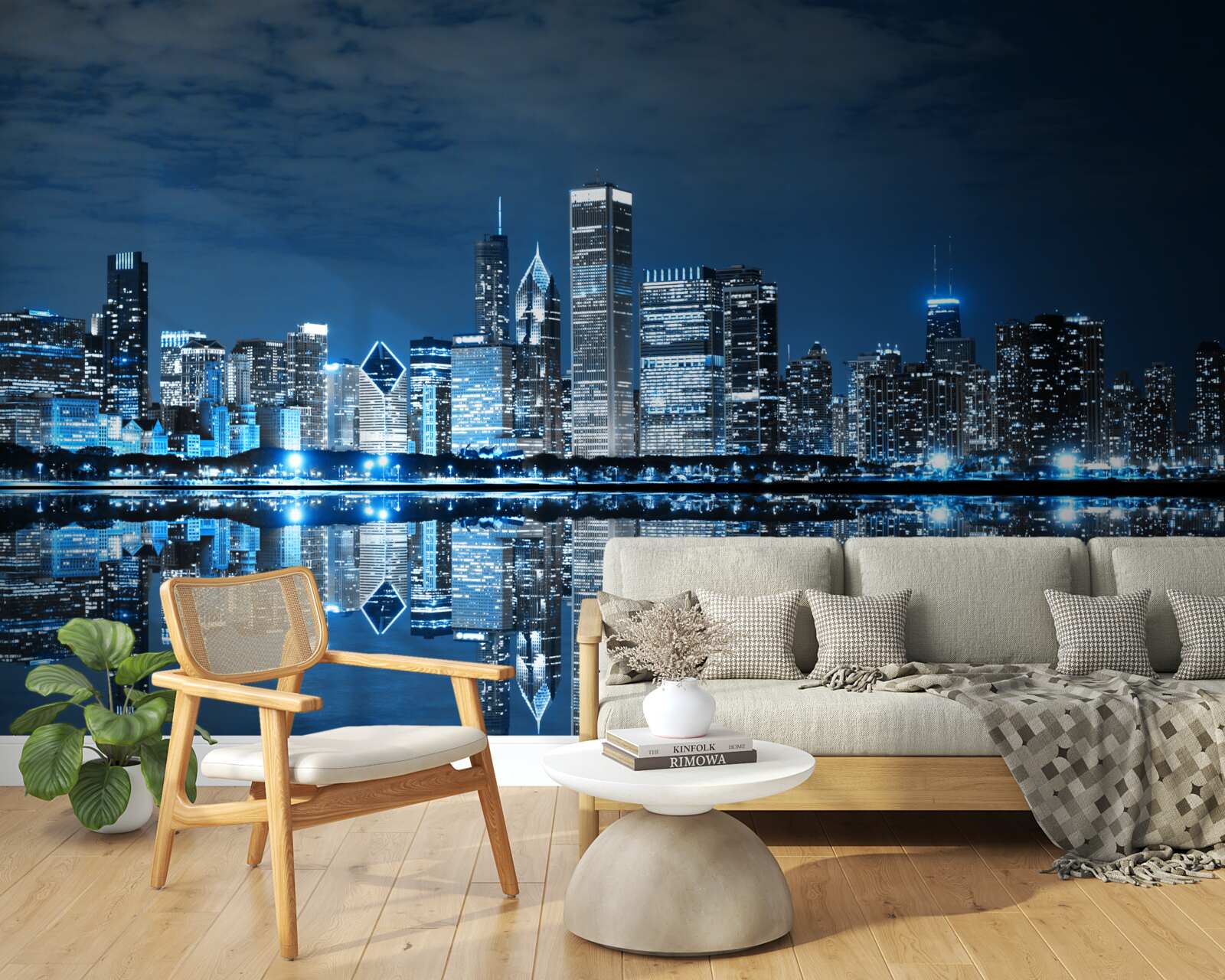 Фотошпалери відображення вогнів міста на поверхні води вночі