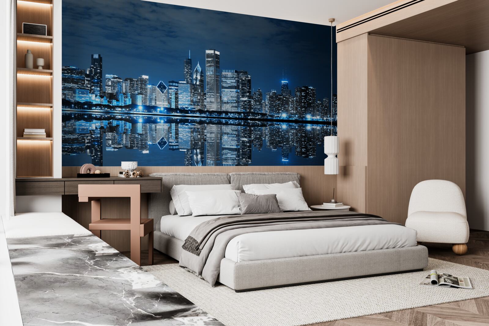 Фотошпалери відображення вогнів міста на поверхні води вночі