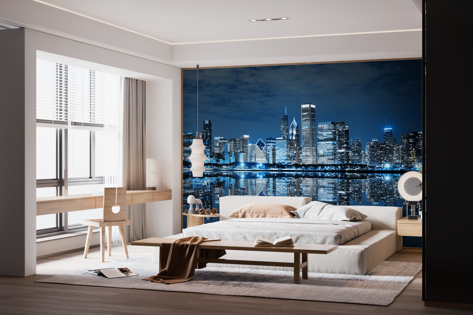 Фотошпалери відображення вогнів міста на поверхні води вночі