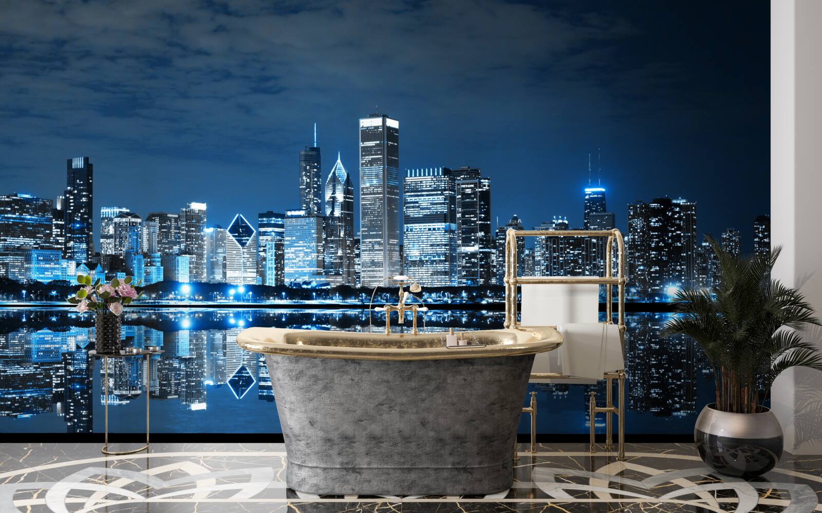 Фотошпалери відображення вогнів міста на поверхні води вночі