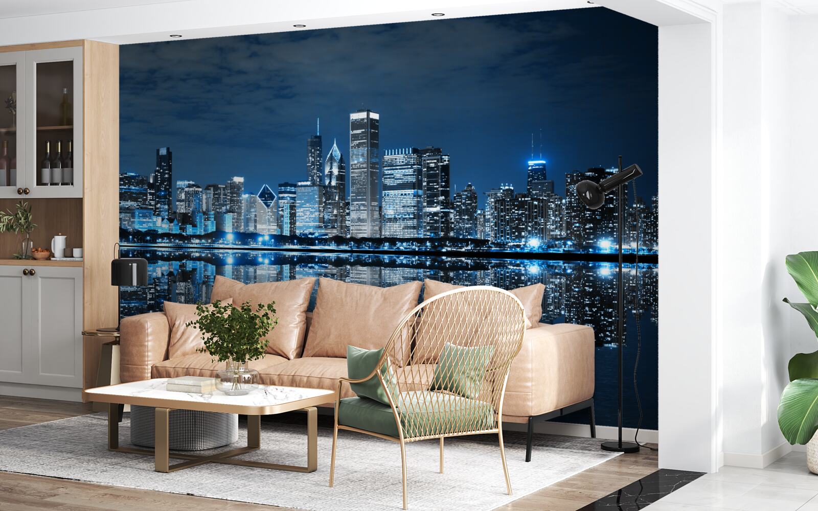 Фотошпалери відображення вогнів міста на поверхні води вночі