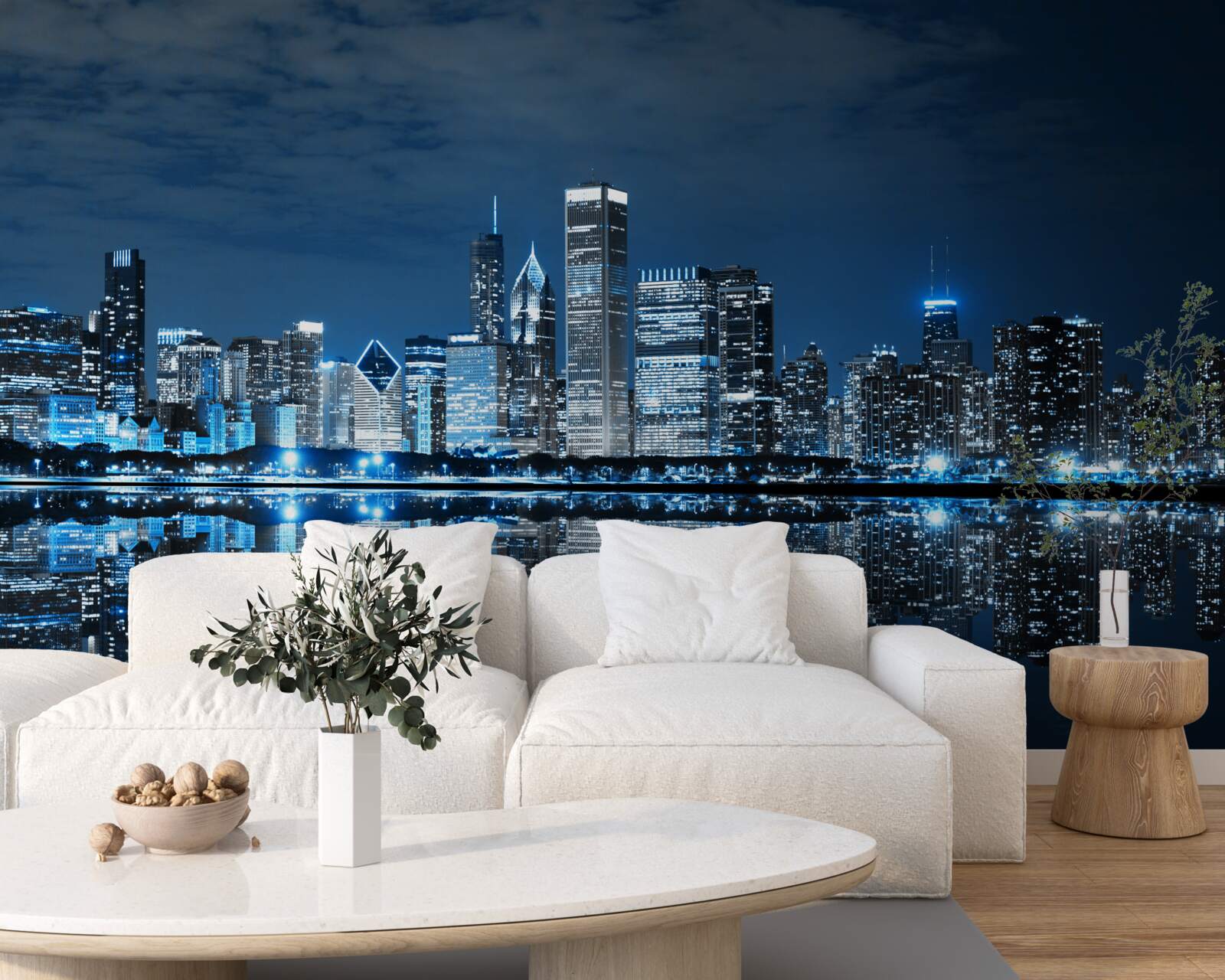 Фотошпалери відображення вогнів міста на поверхні води вночі