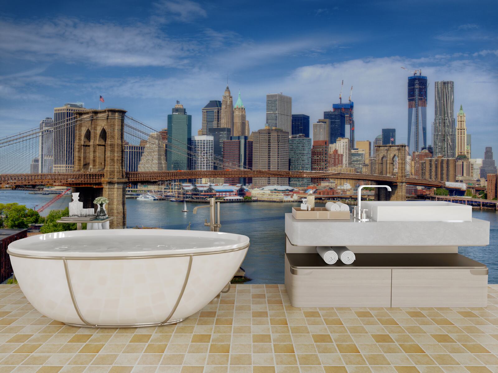 Фотошпалери Бруклінський міст, побудований з каменю та хмарочоси міста