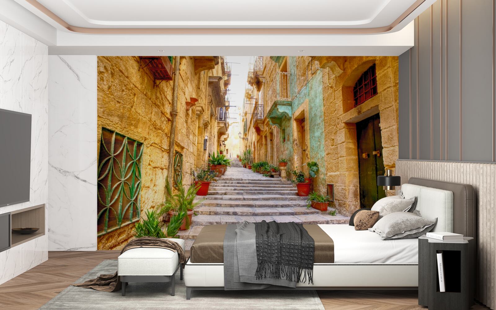 Фотошпалери італійська вулиця, прикрашена квітами, вузька